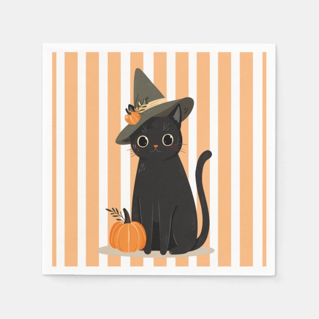 Guardanapo De Papel Gato Preto Fofo de Halloween com Chapéu de Bruxa A (Frente)