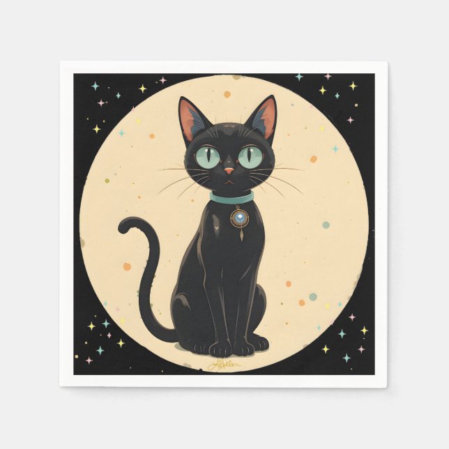 Guardanapo De Papel Gato Preto Futurista Atômico Lua (Frente)