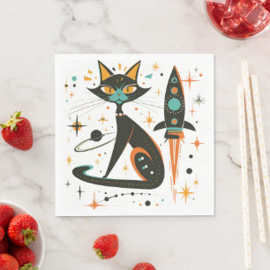 Guardanapo De Papel Gato Preto MCM Espaçonave Retro Estrelas Planetas