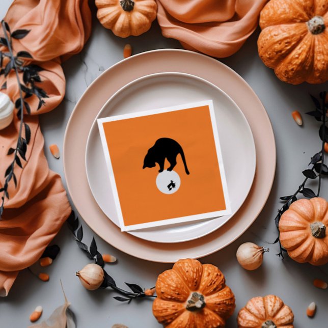 Guardanapo De Papel Gato preto retrô no Halloween da Lua (Criador carregado)