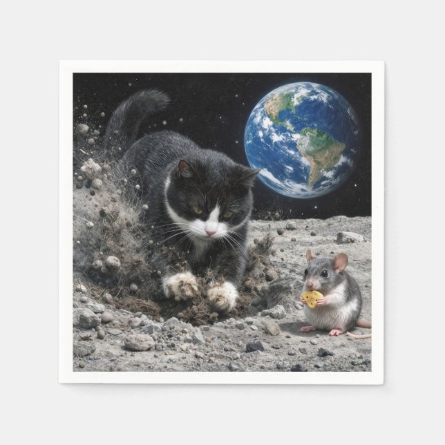 Guardanapo De Papel Gato Smoking Digging uma Cratera Lunar com Rato (Frente)