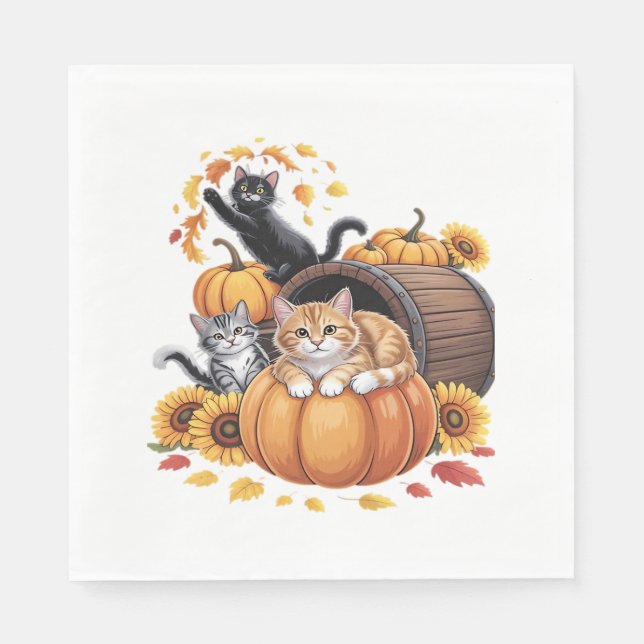 Guardanapo De Papel Gatos Caem Autumn Pumpkins Ação de Graças Girassol (Frente)