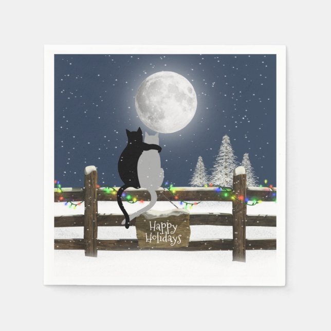 Guardanapo De Papel Gatos de Natal na Cerca com Lua (Frente)