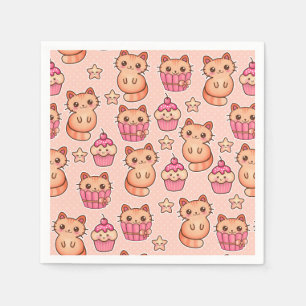 Guardanapo De Papel Gatos e Cupcakes Cutes Cons e Padrões Rosa Kawaii