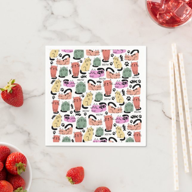 Guardanapo De Papel Gatos Fofos Desenhados E Impressões De Patas (Insitu)