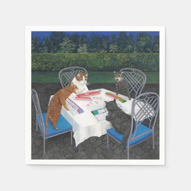 Guardanapo De Papel Gatos Jogando Mahjong no Jardim (Frente)
