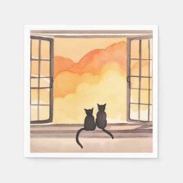 Guardanapo De Papel Gatos na Janela | Silhueta de Aquarela do Pôr do S