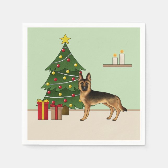 Guardanapo De Papel German shepherd Preto E Tan E Árvore De Natal (Frente)