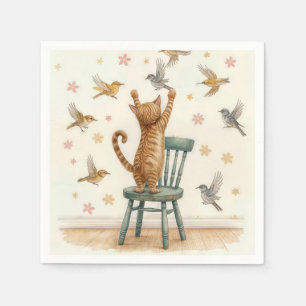 Guardanapo De Papel Ginger Cat Pegando um Pássaro no Wallpaper