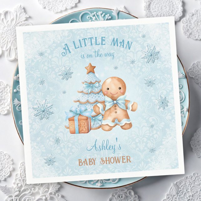 Guardanapo De Papel Gingerbird Man Boy Blue Chá de fraldas de Natal (Gingerbread Man Boy Blue Christmas Baby Shower Napkins)
