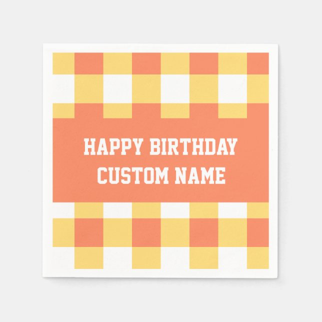 Guardanapo De Papel Gingham amarelo de aniversário feliz (Frente)