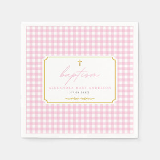 Guardanapo De Papel Gingham Menina Rosa Batismo Toco Elegante Minimali