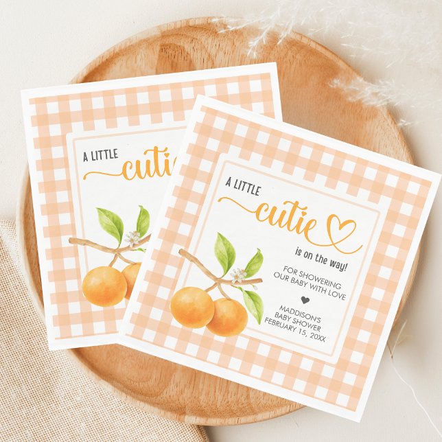 Guardanapo De Papel Gingham Orange Baby Shower (Little Cutie Orange Baby Shower Napkin)