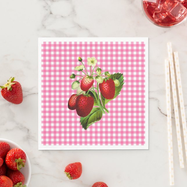 Guardanapo De Papel Gingham Rosa e Morangos - Papel de Almoço Nápoles (Insitu)