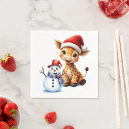 Guardanapo De Papel Girafa de Cartoon Bonita com Santa Hat e Snowman
