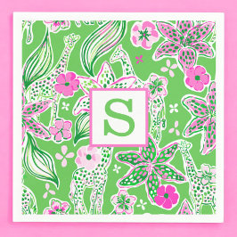 Guardanapo De Papel Girafas Preppy Lírio Rosa Verde Monograma