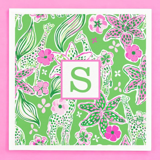 Guardanapo De Papel Girafas Preppy Lírio Rosa Verde Monograma (Criador carregado)