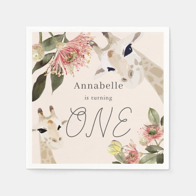 Guardanapo De Papel Giraffe Pink Floral Girl 1st Birthday (Frente)