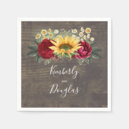 Guardanapo De Papel Girasol e Rosa Vermelha Caem Casamento Rústico de 