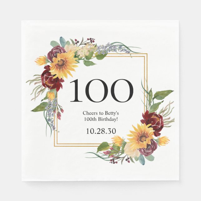 Guardanapo De Papel Girassóis de 100º Aniversário (Frente)