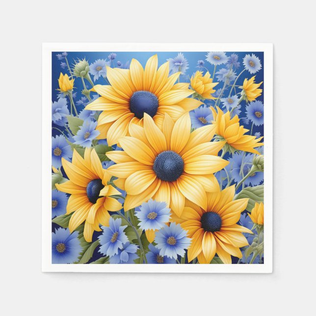 Guardanapo De Papel Girassol Elegante Com Flores Moles Azuis (Frente)
