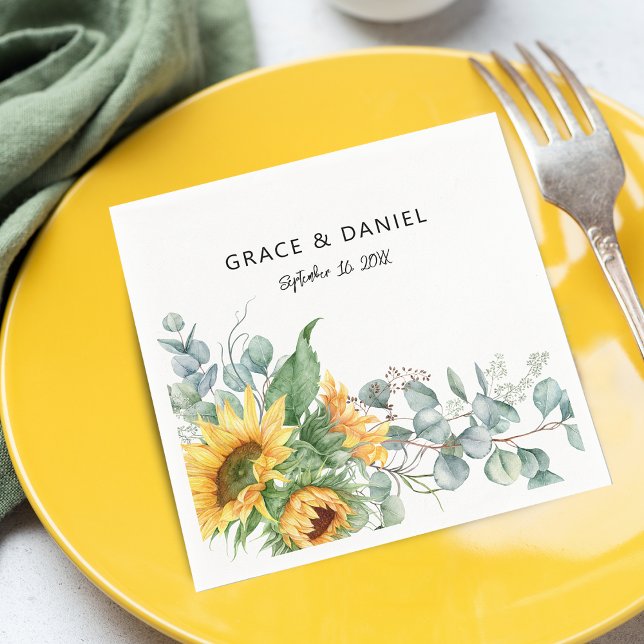 Guardanapo De Papel Girassol Eucalipto Verde Água Rural (Rustic Watercolor Sunflower Eucalyptus Greenery Napkins)