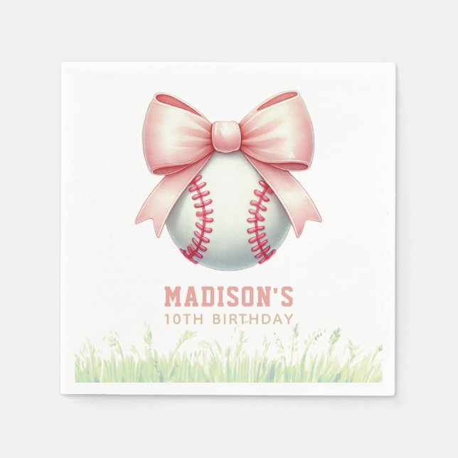 Guardanapo De Papel Girl Birthday Personalized Pink Baseball Bow (Frente)