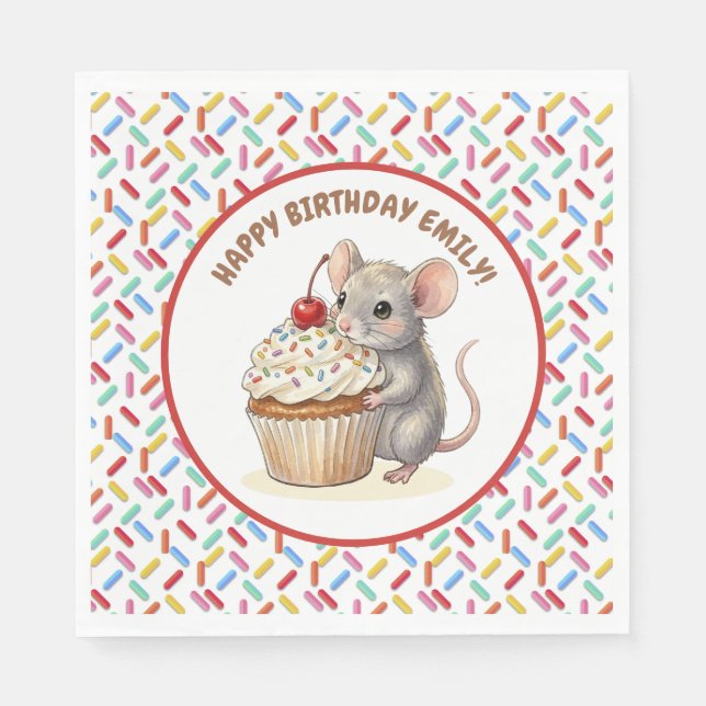 Guardanapo De Papel Girl's Birthday Party | Mouse & Cupcake   (Frente)