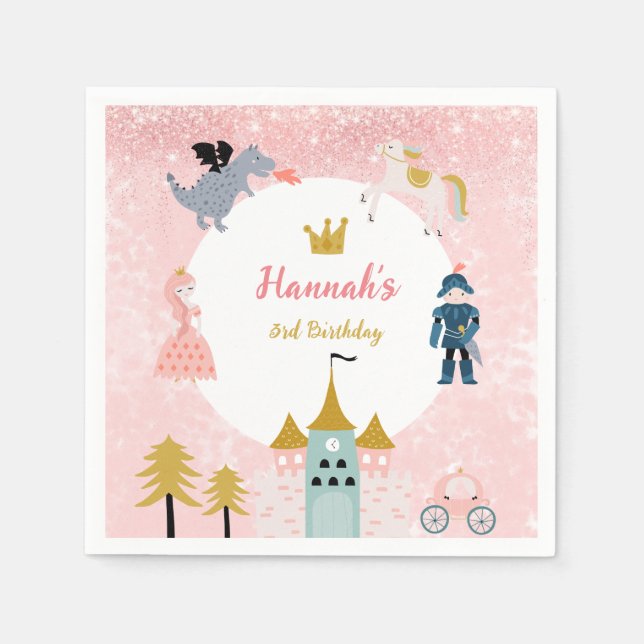 Guardanapo De Papel Girls Pink Magical Princess Castle Birthday (Frente)