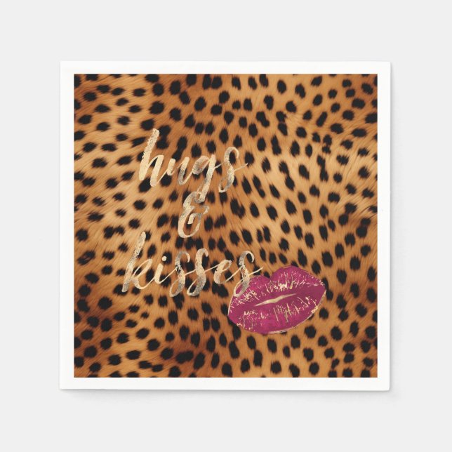 Guardanapo De Papel Girly Glam Cheetah Leopard Hugs & Kisses Lábios (Frente)