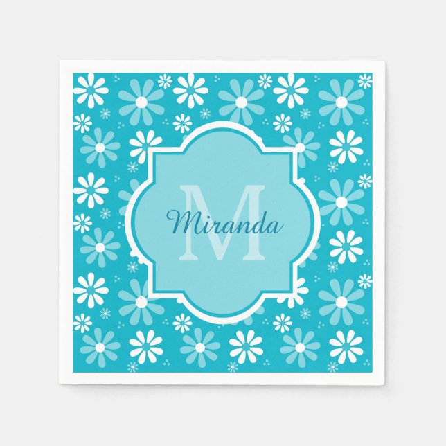 Guardanapo De Papel Girly Monogramas Turquoise Daisy Flowers Com Nome (Frente)