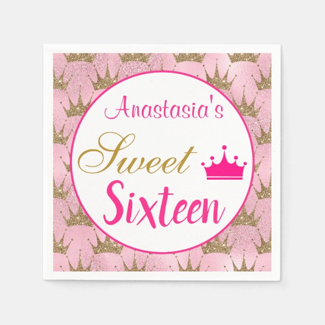 Guardanapo De Papel Girly Princess Hot Pink Dourado Glitter Sweet (Frente)