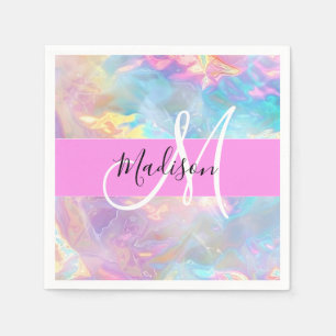 Guardanapo De Papel Girly Rainbow Holographic Nome do Monograma Irides
