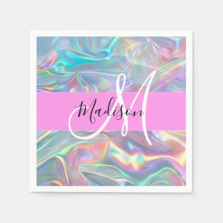 Guardanapo De Papel Girly Rainbow Holographic Nome do Monograma Irides