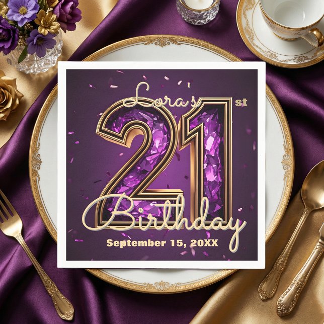 Guardanapo De Papel Glam Amethyst Purple Crystal Gold 21st Birthday (Criador carregado)