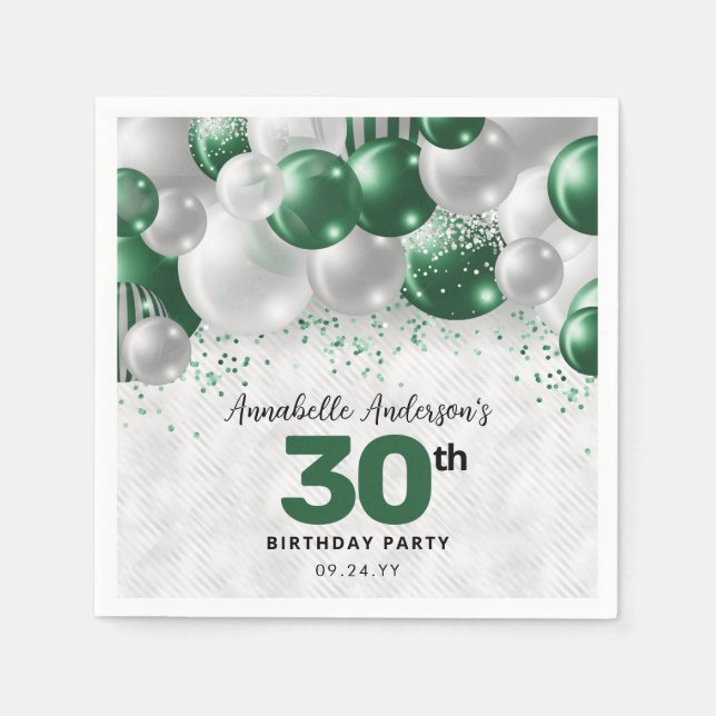 Guardanapo De Papel Glam Green Silver Balloon Glitter Favor Aniversári (Frente)