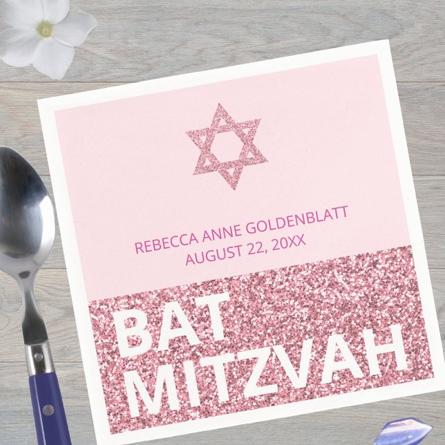 Guardanapo De Papel Glam Pink Chic Elegante Religioso Bat Mitzvah (Just add your daughter's name and the date of the Bat Mitzvah to these bold pink glam paper napkins)