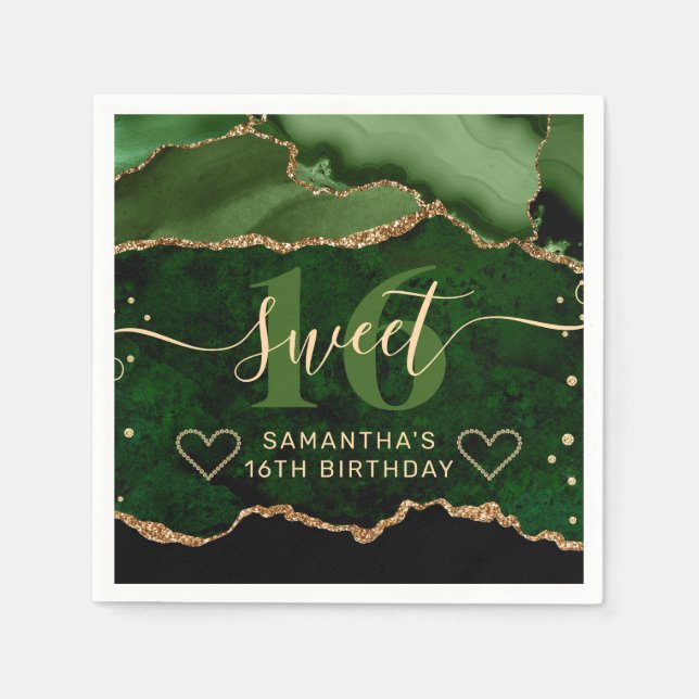 Guardanapo De Papel Glitter Agate Marble Verde e Dourado Sweet 16 (Frente)