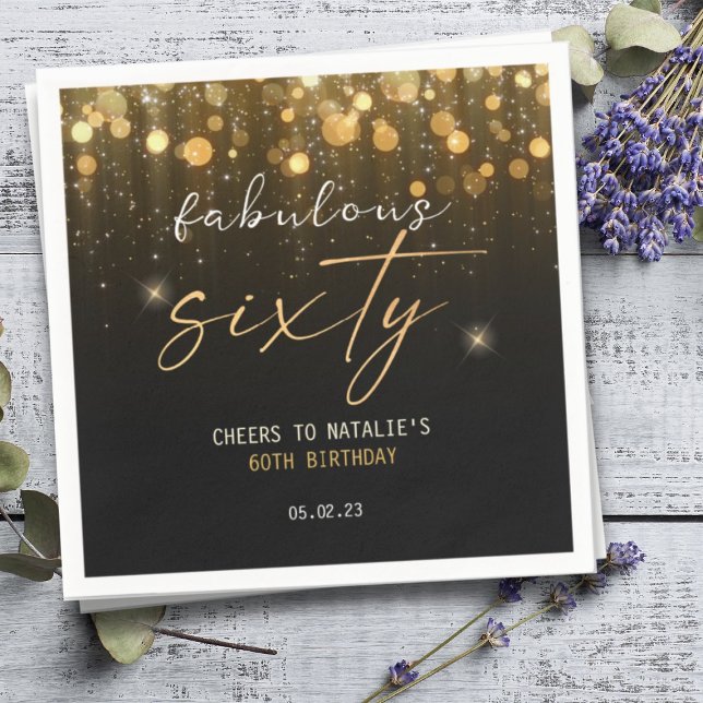 Guardanapo De Papel Glitter Brilhante Dourado preto 60º Aniversário (Criador carregado)