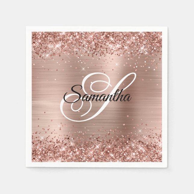 Guardanapo De Papel Glitter de Falso Ouro Rosa e Monograma Chique de F (Frente)