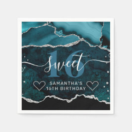 Guardanapo De Papel Glitter de Teal e Prata Marble Sweet 16