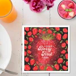 Guardanapo De Papel Glitter do primeiro aniversario de Morango Preto D