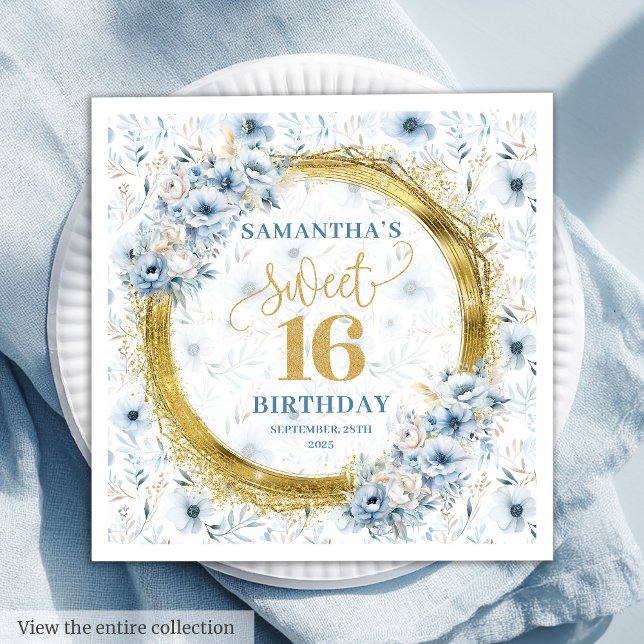 Guardanapo De Papel Glitter Dourado Azul Elegante Doce Dezesseis (Elegant Dusty Blue Gold Glitter Sweet Sixteen Napkins)