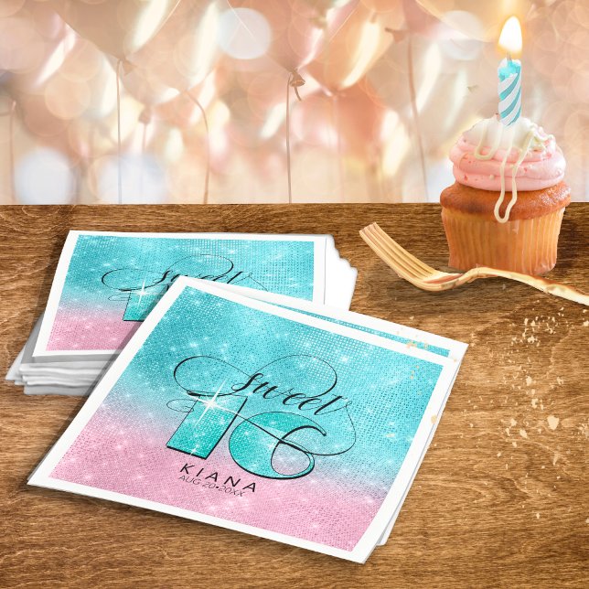 Guardanapo De Papel Glitter e Shine Sweet 16 Teal/Pink ID675 (Criador carregado)