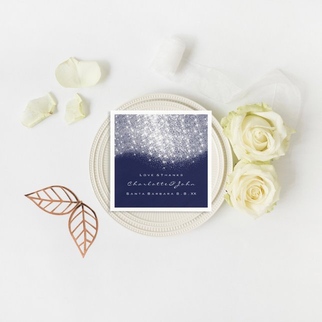 Guardanapo De Papel Glitter Prata WhiteMarinho Azul Branco Obrigado No (Glitter Silver WhiteBlue Navy White Thank You Name Paper Napkins)