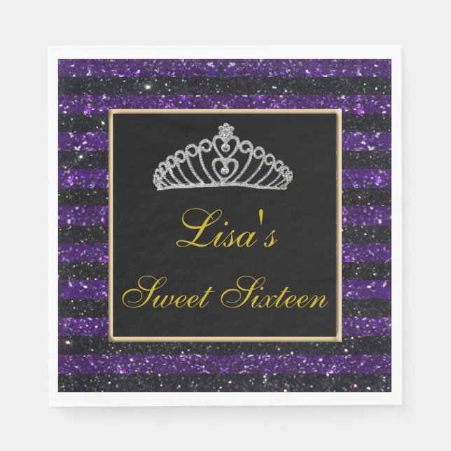 Guardanapo De Papel Glitter Roxo-Roxo-Chic Elegante Tiara Sweet 16 (Frente)