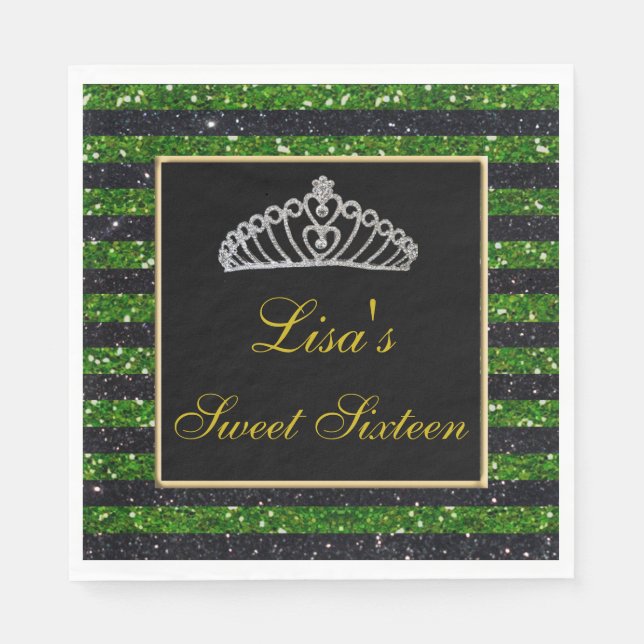 Guardanapo De Papel Glitter Verde Negro Elegante Tiara Sweet 16 (Frente)