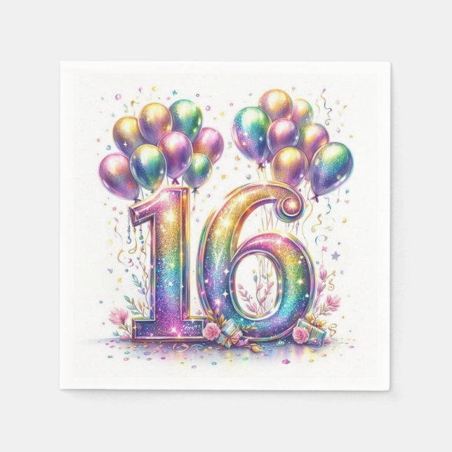 Guardanapo De Papel Glittery Number 16 com balões e Confetti (Frente)