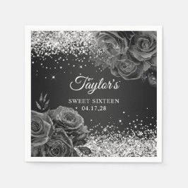 Guardanapo De Papel Glittery Silver Black Floral Glam Sweet Dezesseis