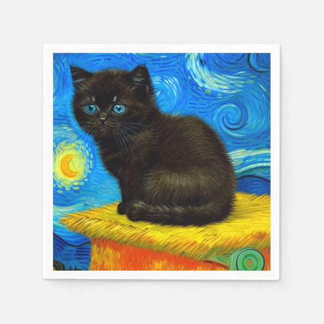 Guardanapo De Papel Gogh Style Starry Night Cat (Frente)